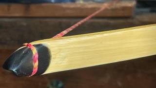 Bogenspitze mit schwarzer Nocke und gespannter Sehne
