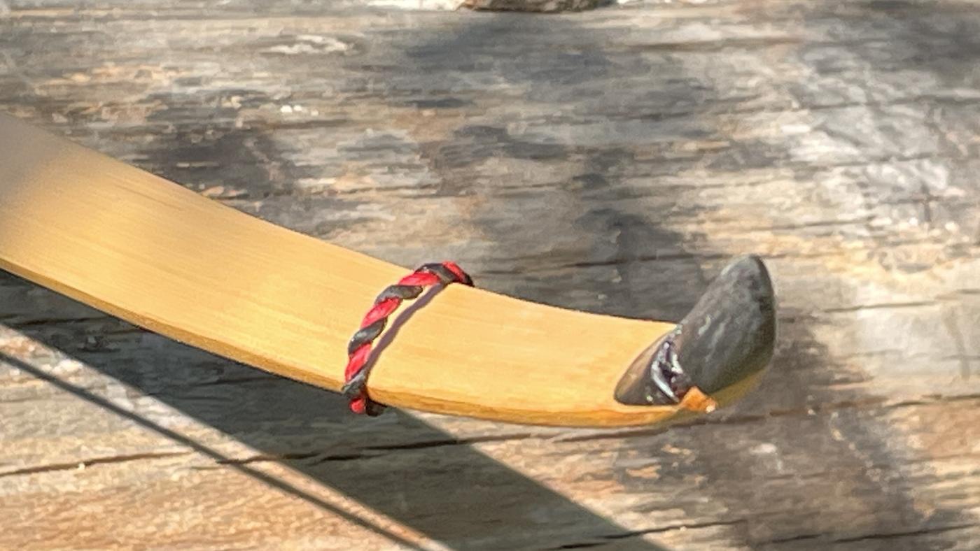 Recurve-Spitze eines Wings Bogens aus Osage mit Hornnocke